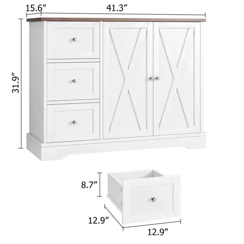 42 Farmhouse Buffet Cabinet with Storage, Coffee Bar Cabinet with 3 Drawers, Sideboard for Kitchen Dining Living Room, White