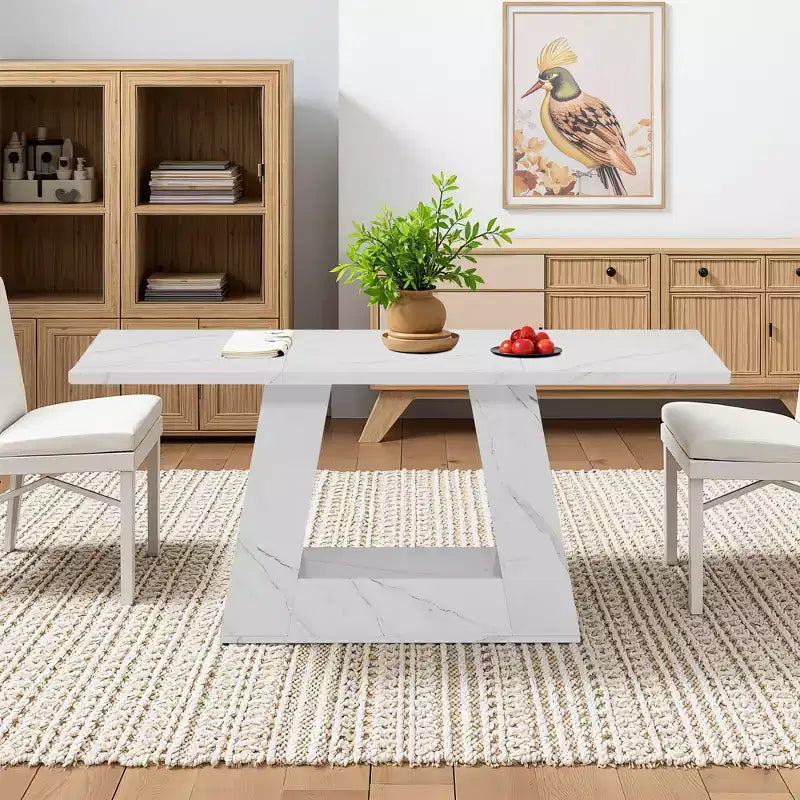 MAYEERTY 63 Inch Faux Marble Dining Table, 4-6 Seater Modern Table with Trapezoidal Legs for Dining Room