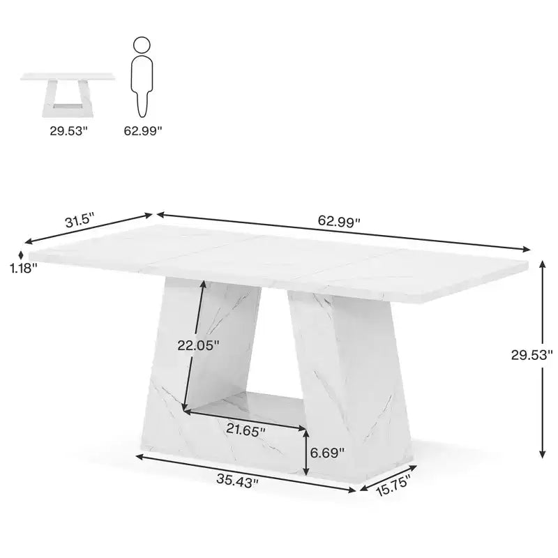 MAYEERTY 63 Inch Faux Marble Dining Table, 4-6 Seater Modern Table with Trapezoidal Legs for Dining Room
