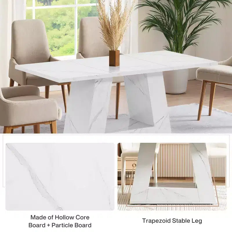 MAYEERTY 63 Inch Faux Marble Dining Table, 4-6 Seater Modern Table with Trapezoidal Legs for Dining Room