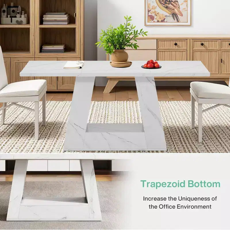 MAYEERTY 63 Inch Faux Marble Dining Table, 4-6 Seater Modern Table with Trapezoidal Legs for Dining Room