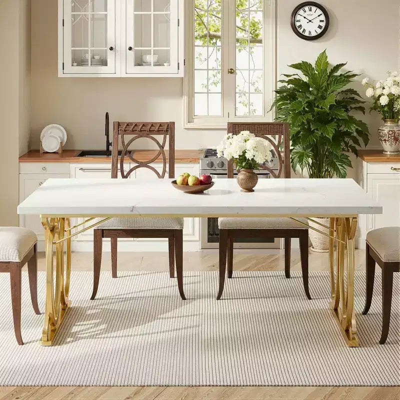 MAYEERTY 63 Inch Dining Table, 4-6 Seater White Faux Marble Top Gold Steel Frame Kitchen Table with Adjustable Feet