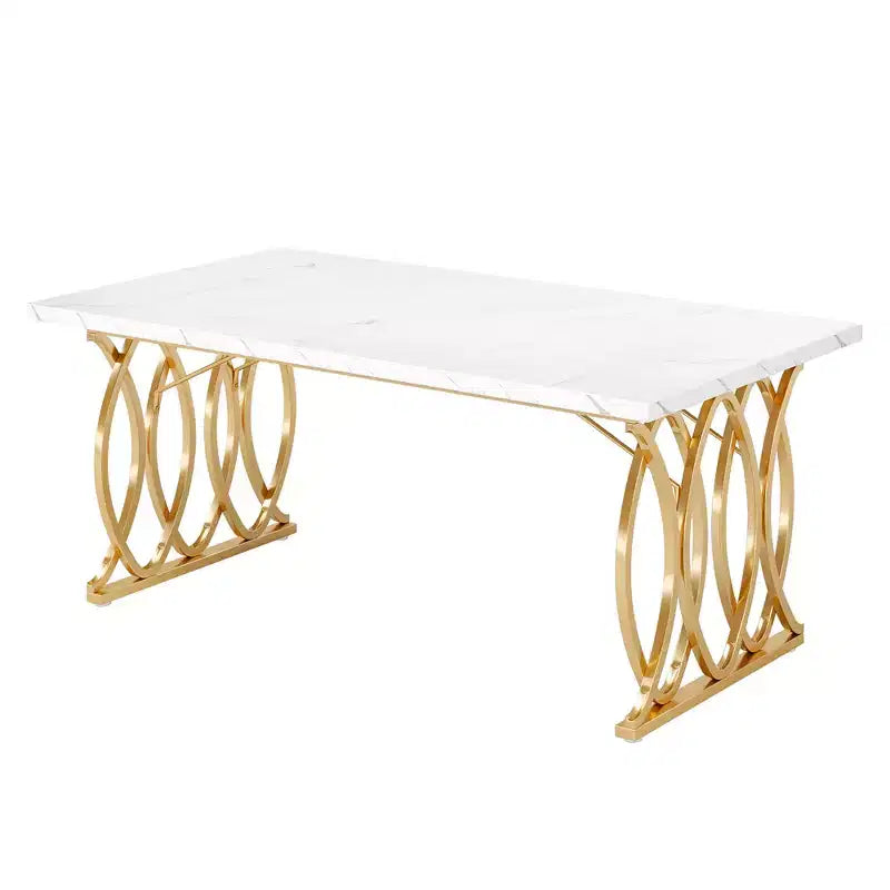 MAYEERTY 63 Inch Dining Table, 4-6 Seater White Faux Marble Top Gold Steel Frame Kitchen Table with Adjustable Feet