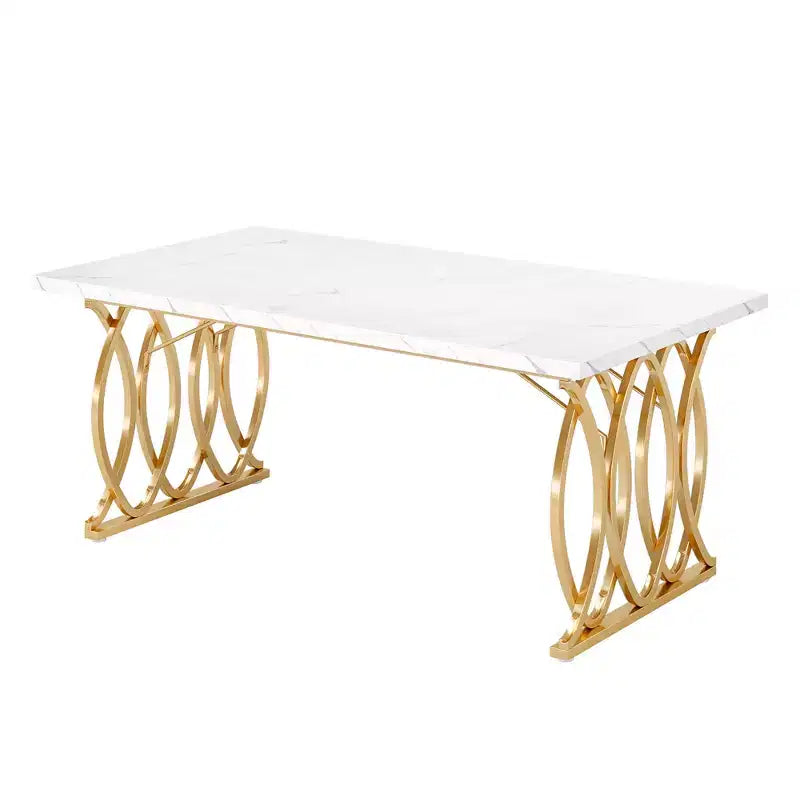 MAYEERTY 63 Inch Dining Table, 4-6 Seater White Faux Marble Top Gold Steel Frame Kitchen Table with Adjustable Feet