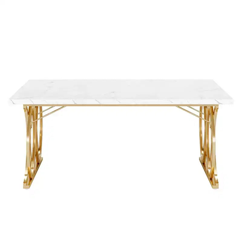 MAYEERTY 63 Inch Dining Table, 4-6 Seater White Faux Marble Top Gold Steel Frame Kitchen Table with Adjustable Feet