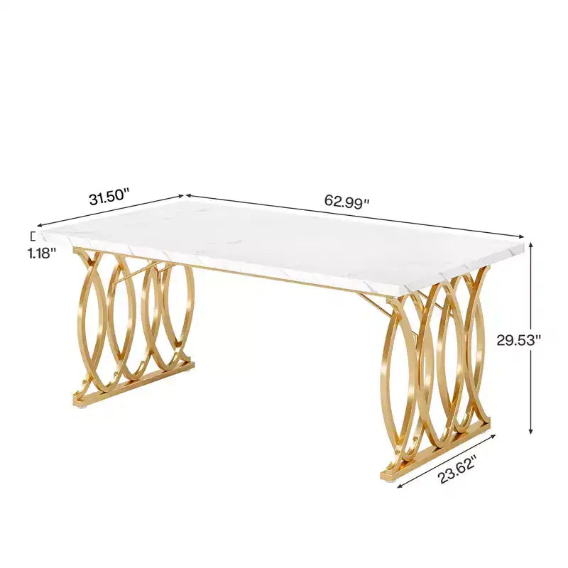 MAYEERTY 63 Inch Dining Table, 4-6 Seater White Faux Marble Top Gold Steel Frame Kitchen Table with Adjustable Feet