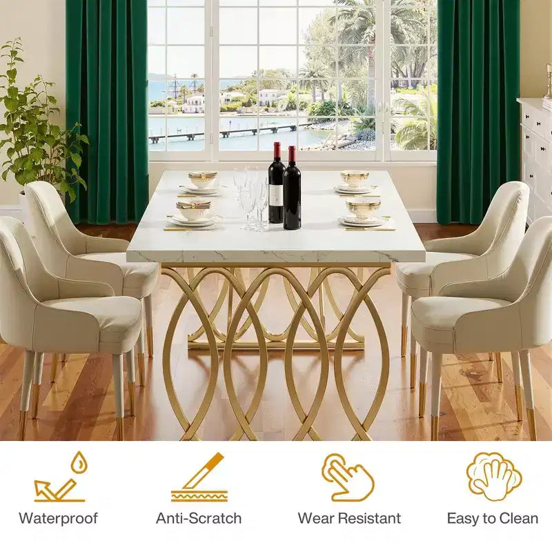 MAYEERTY 63 Inch Dining Table, 4-6 Seater White Faux Marble Top Gold Steel Frame Kitchen Table with Adjustable Feet