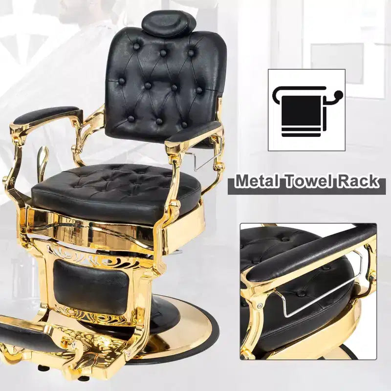 Karl Home Vintage Style Heavy Duty Hydraulic Recline Square Backrest Barber Chair Black and Gold Frame
