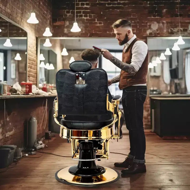 Karl Home Vintage Style Heavy Duty Hydraulic Recline Square Backrest Barber Chair Black and Gold Frame