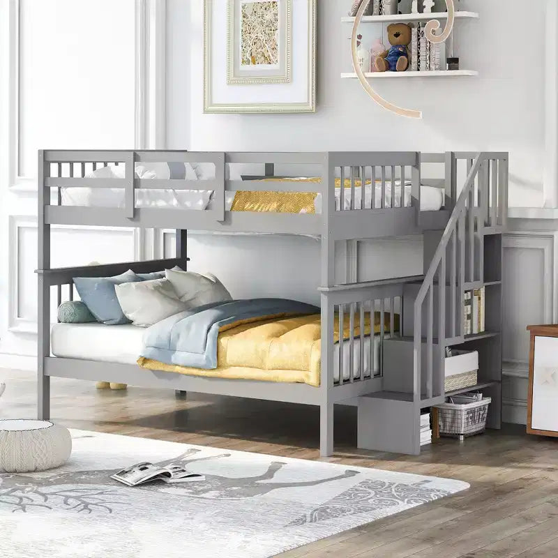 CLIHOME Stairway Full-Over-Full Bunk Bed with Storage and Guard Rail for Bedroom, Dorm