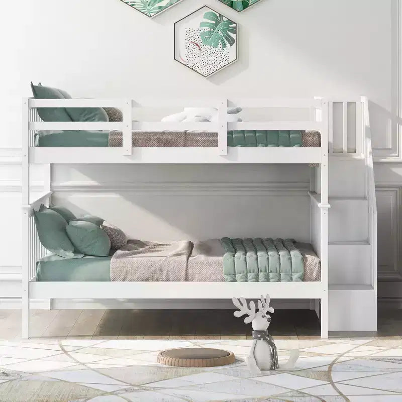 CLIHOME Stairway Full-Over-Full Bunk Bed with Storage and Guard Rail for Bedroom, Dorm