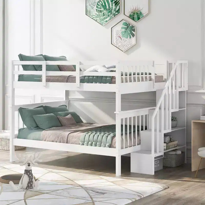 CLIHOME Stairway Full-Over-Full Bunk Bed with Storage and Guard Rail for Bedroom, Dorm