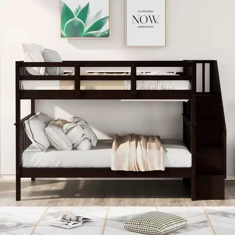 CLIHOME Stairway Full-Over-Full Bunk Bed with Storage and Guard Rail for Bedroom, Dorm