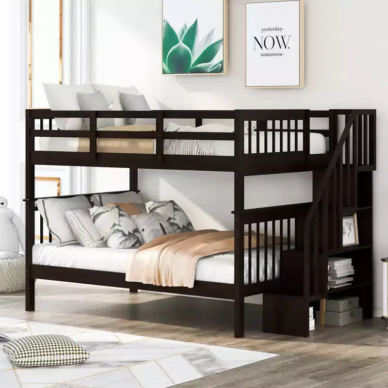 CLIHOME Stairway Full-Over-Full Bunk Bed with Storage and Guard Rail for Bedroom, Dorm