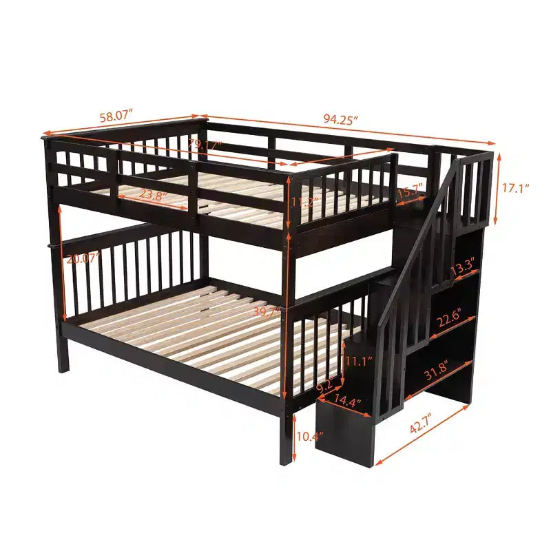 CLIHOME Stairway Full-Over-Full Bunk Bed with Storage and Guard Rail for Bedroom, Dorm