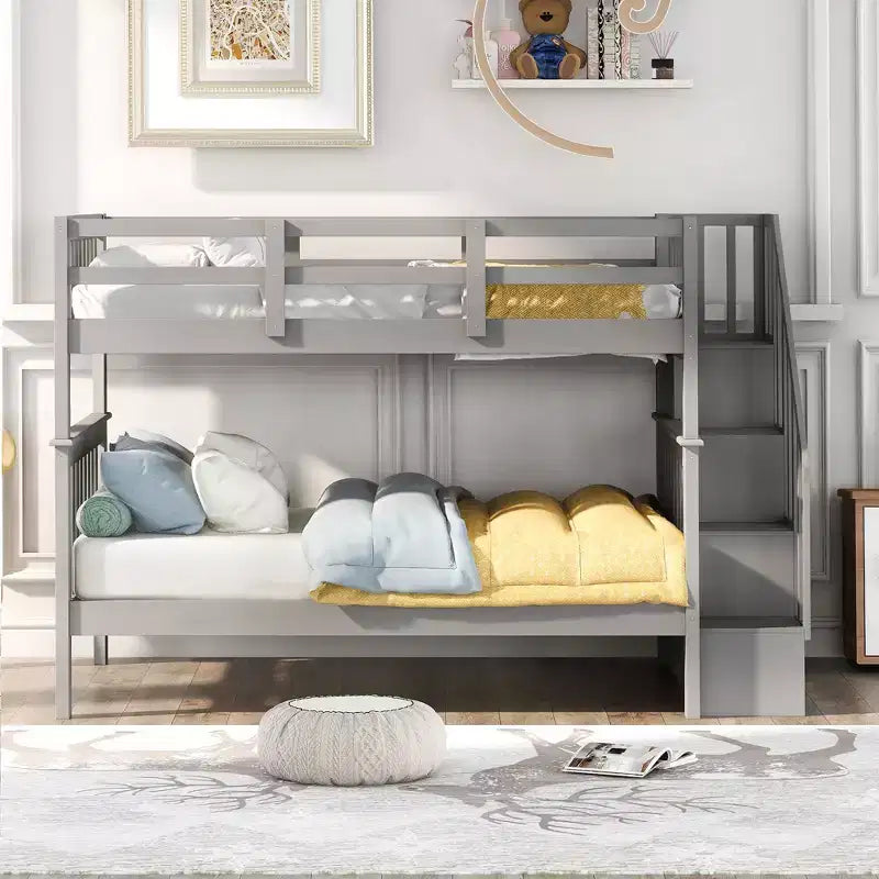 CLIHOME Stairway Full-Over-Full Bunk Bed with Storage and Guard Rail for Bedroom, Dorm