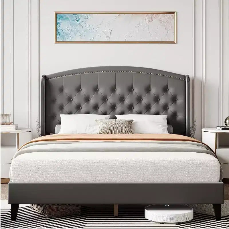 Upholstered Platform Bed Frame with Wingback Headboard, Soft Velvet and Button Tufted Design, Wood Slat Support, Easy Assembly