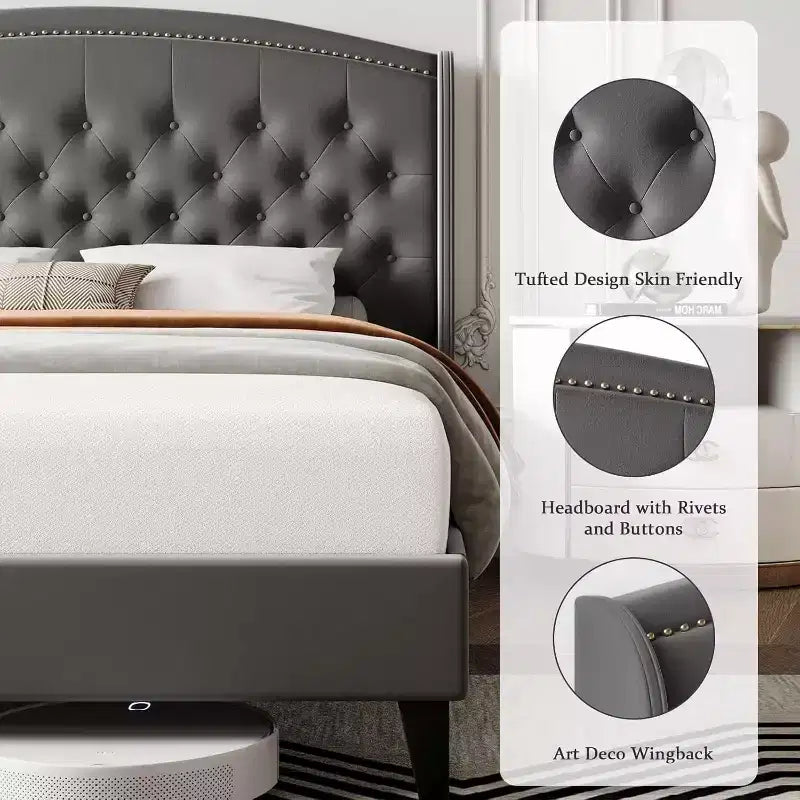 Upholstered Platform Bed Frame with Wingback Headboard, Soft Velvet and Button Tufted Design, Wood Slat Support, Easy Assembly