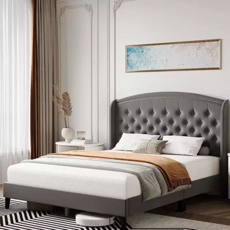 Upholstered Platform Bed Frame with Wingback Headboard, Soft Velvet and Button Tufted Design, Wood Slat Support, Easy Assembly