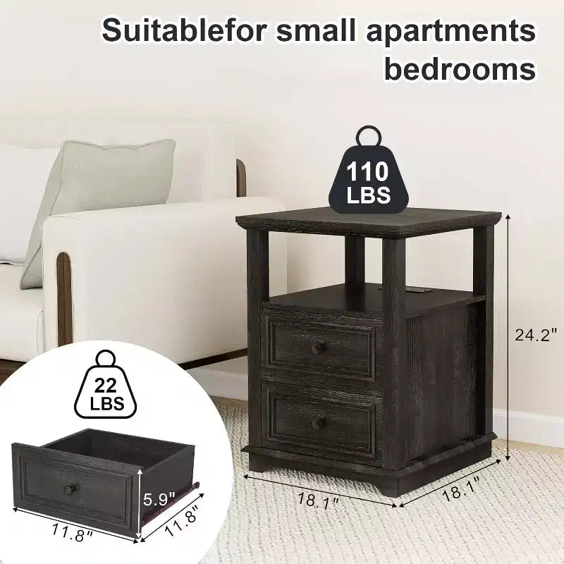 Dyonery Nightstand 18 White End Table with Charging Station Rustic Wood Tall Bedside Table