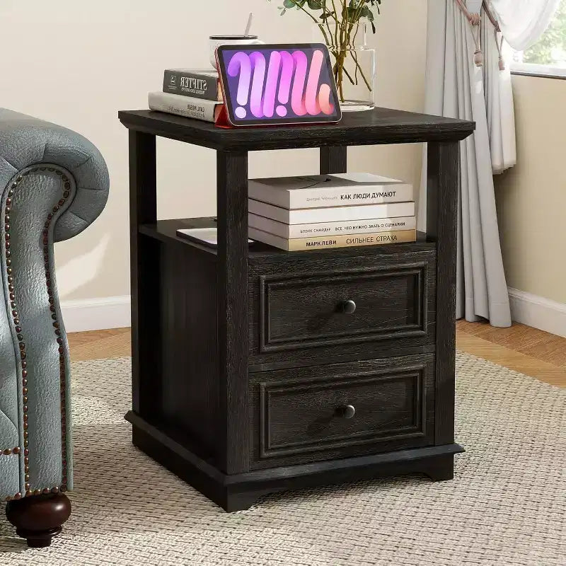 Dyonery Nightstand 18 White End Table with Charging Station Rustic Wood Tall Bedside Table