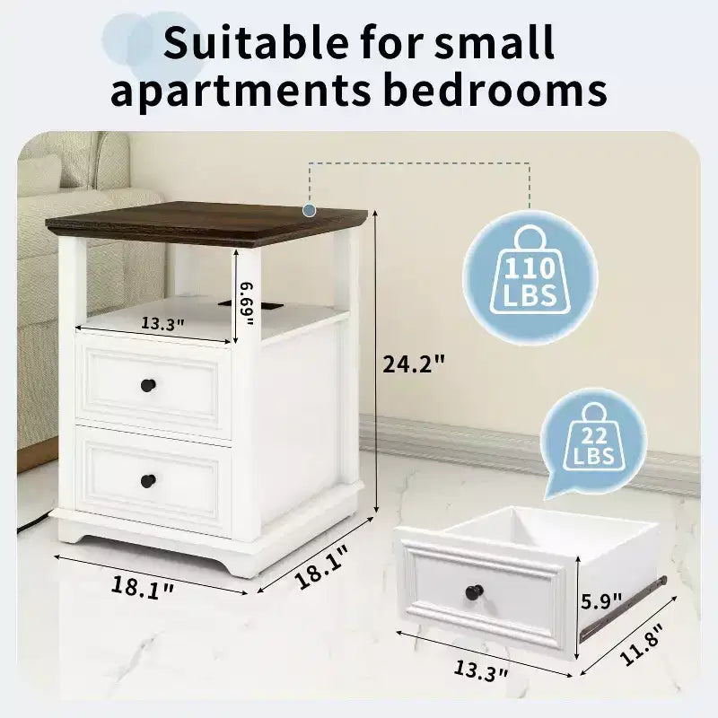 Dyonery Nightstand 18 White End Table with Charging Station Rustic Wood Tall Bedside Table