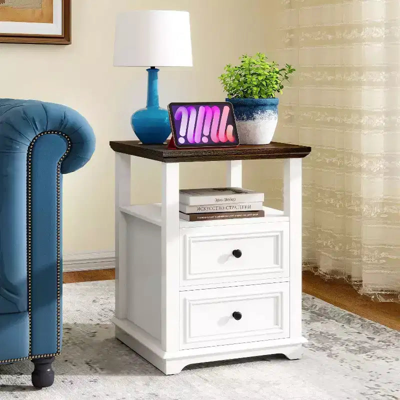 Dyonery Nightstand 18 White End Table with Charging Station Rustic Wood Tall Bedside Table