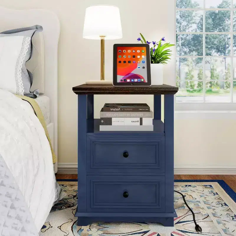 Dyonery Nightstand 18 White End Table with Charging Station Rustic Wood Tall Bedside Table