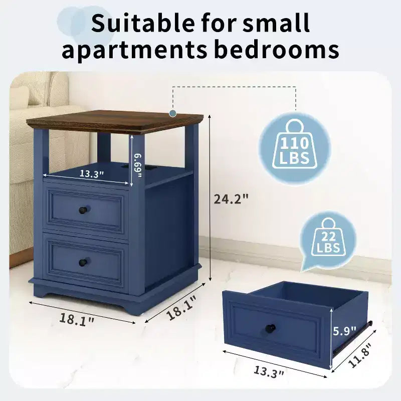 Dyonery Nightstand 18 White End Table with Charging Station Rustic Wood Tall Bedside Table