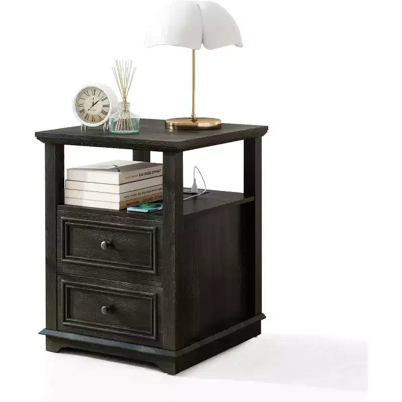 Dyonery Nightstand 18 White End Table with Charging Station Rustic Wood Tall Bedside Table