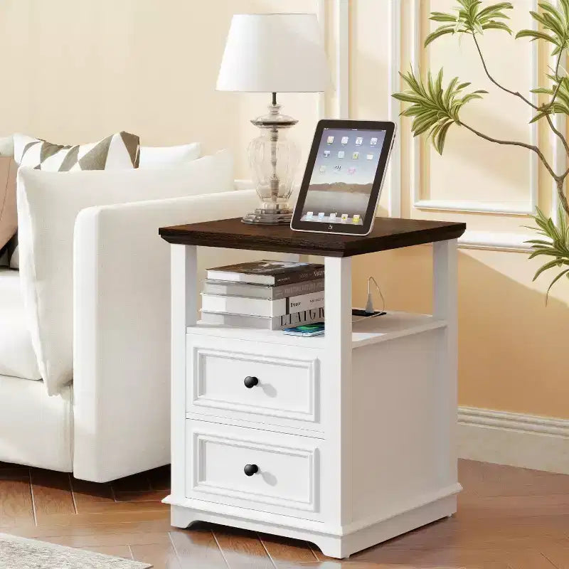 Dyonery Nightstand 18 White End Table with Charging Station Rustic Wood Tall Bedside Table