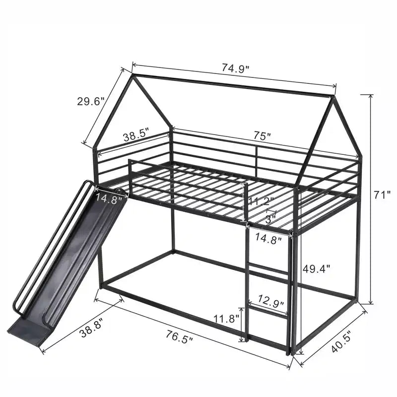 Okak Twin over Twin Metal House Bunk Bed with Built-in Ladder Low Loft Bunk Bed with Safety Guardrail for Kids Teens, Easy Assemble
