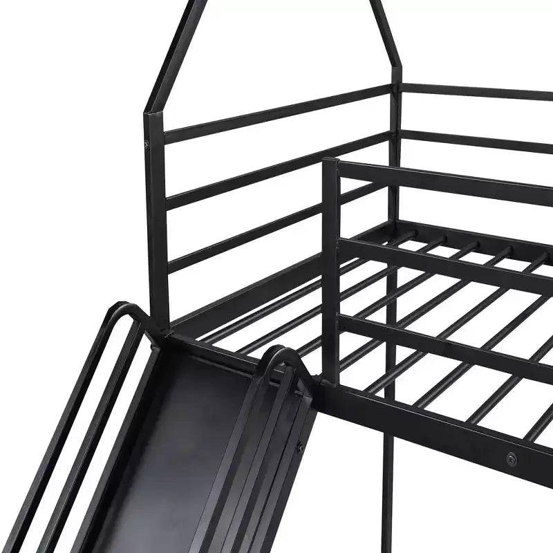 Okak Twin over Twin Metal House Bunk Bed with Built-in Ladder Low Loft Bunk Bed with Safety Guardrail for Kids Teens, Easy Assemble