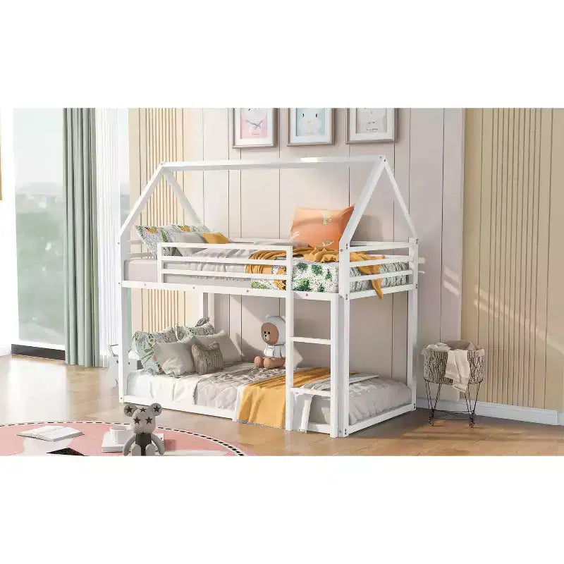 Okak Twin over Twin Metal House Bunk Bed with Built-in Ladder Low Loft Bunk Bed with Safety Guardrail for Kids Teens, Easy Assemble