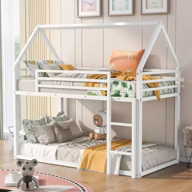 Okak Twin over Twin Metal House Bunk Bed with Built-in Ladder Low Loft Bunk Bed with Safety Guardrail for Kids Teens, Easy Assemble