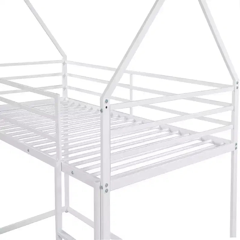 Okak Twin over Twin Metal House Bunk Bed with Built-in Ladder Low Loft Bunk Bed with Safety Guardrail for Kids Teens, Easy Assemble