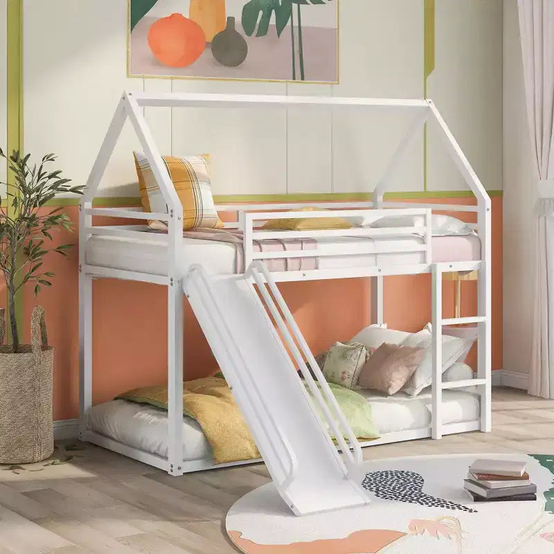 Okak Twin over Twin Metal House Bunk Bed with Built-in Ladder Low Loft Bunk Bed with Safety Guardrail for Kids Teens, Easy Assemble