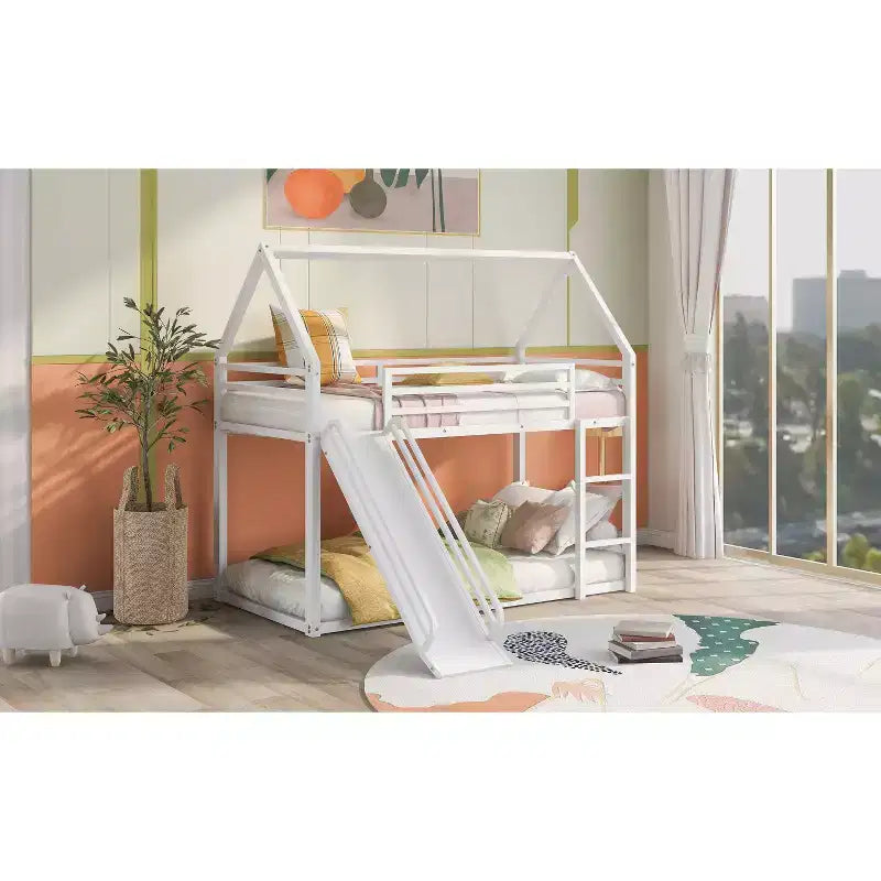 Okak Twin over Twin Metal House Bunk Bed with Built-in Ladder Low Loft Bunk Bed with Safety Guardrail for Kids Teens, Easy Assemble