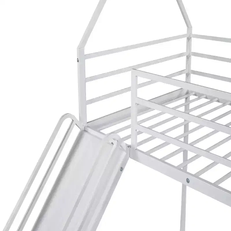 Okak Twin over Twin Metal House Bunk Bed with Built-in Ladder Low Loft Bunk Bed with Safety Guardrail for Kids Teens, Easy Assemble