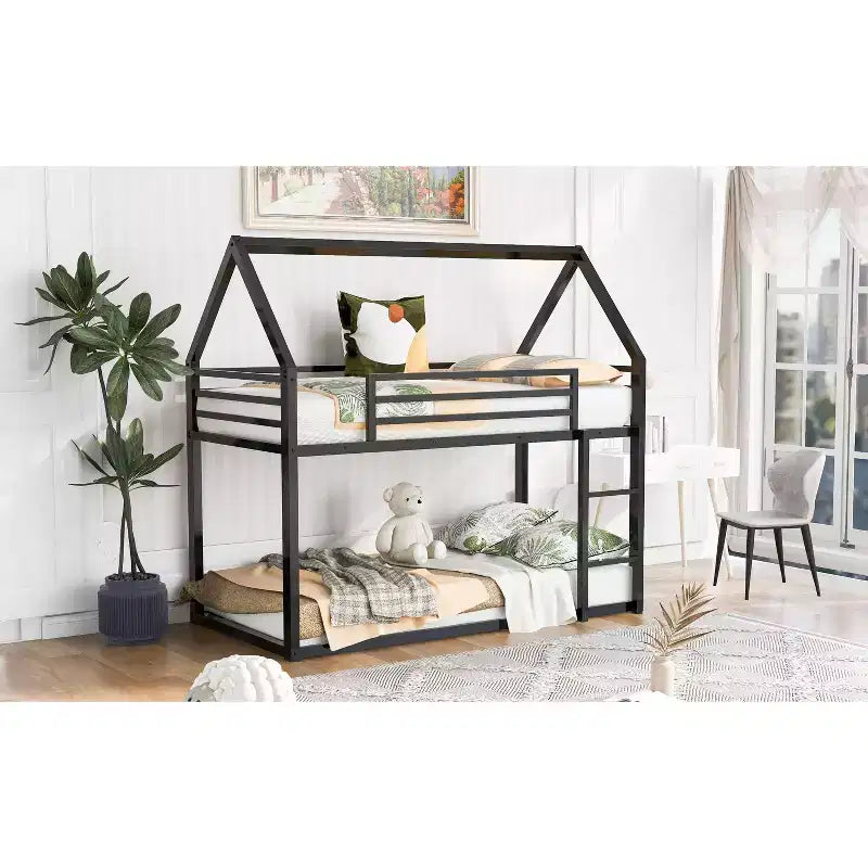 Okak Twin over Twin Metal House Bunk Bed with Built-in Ladder Low Loft Bunk Bed with Safety Guardrail for Kids Teens, Easy Assemble