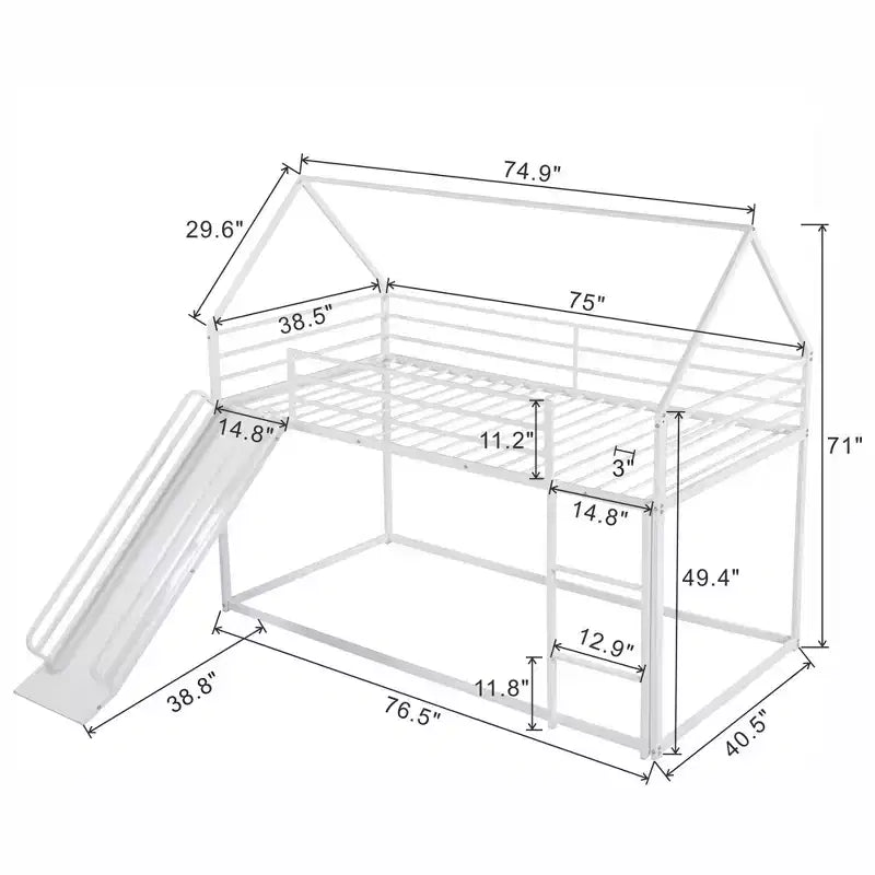 Okak Twin over Twin Metal House Bunk Bed with Built-in Ladder Low Loft Bunk Bed with Safety Guardrail for Kids Teens, Easy Assemble