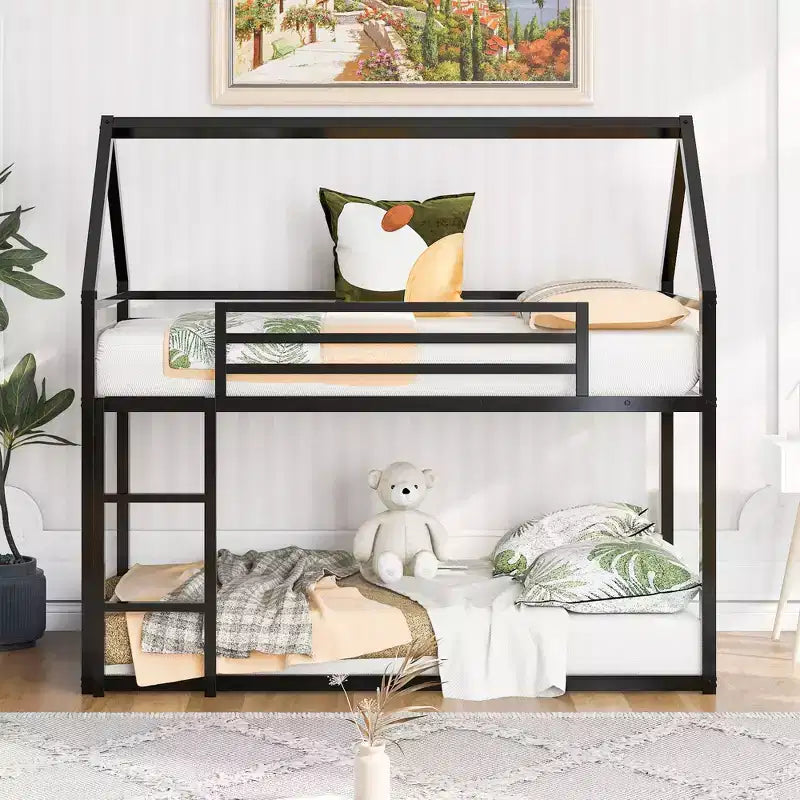 Okak Twin over Twin Metal House Bunk Bed with Built-in Ladder Low Loft Bunk Bed with Safety Guardrail for Kids Teens, Easy Assemble