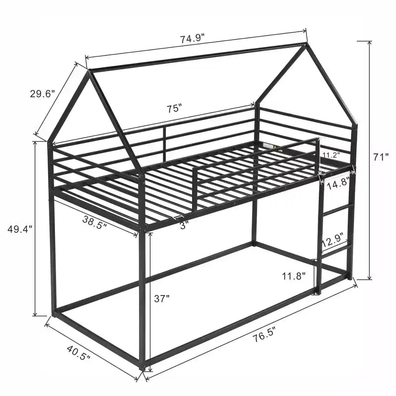 Okak Twin over Twin Metal House Bunk Bed with Built-in Ladder Low Loft Bunk Bed with Safety Guardrail for Kids Teens, Easy Assemble