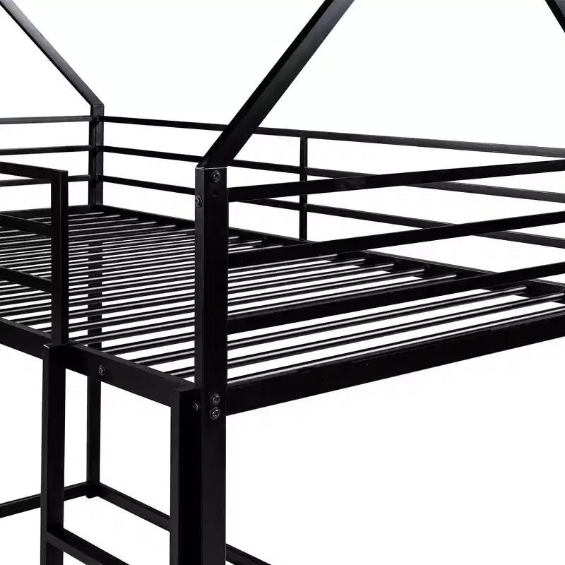 Okak Twin over Twin Metal House Bunk Bed with Built-in Ladder Low Loft Bunk Bed with Safety Guardrail for Kids Teens, Easy Assemble