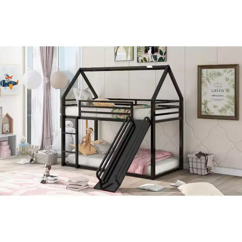 Okak Twin over Twin Metal House Bunk Bed with Built-in Ladder Low Loft Bunk Bed with Safety Guardrail for Kids Teens, Easy Assemble