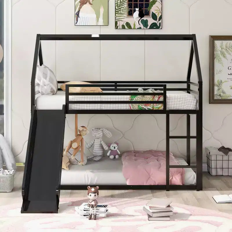 Okak Twin over Twin Metal House Bunk Bed with Built-in Ladder Low Loft Bunk Bed with Safety Guardrail for Kids Teens, Easy Assemble