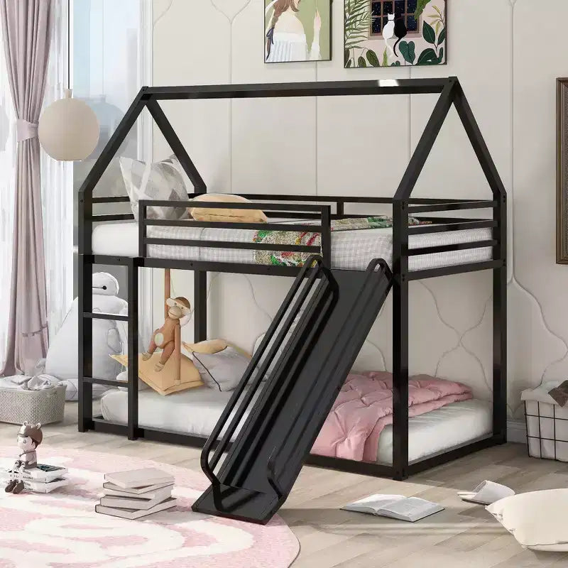 Okak Twin over Twin Metal House Bunk Bed with Built-in Ladder Low Loft Bunk Bed with Safety Guardrail for Kids Teens, Easy Assemble