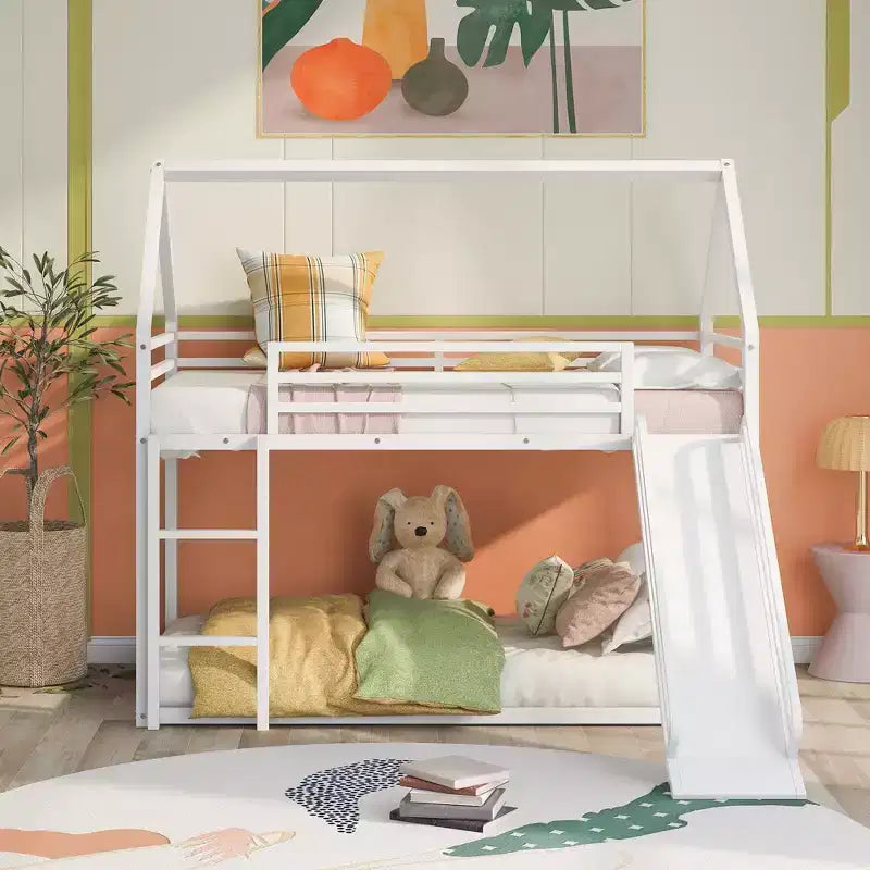 Okak Twin over Twin Metal House Bunk Bed with Built-in Ladder Low Loft Bunk Bed with Safety Guardrail for Kids Teens, Easy Assemble