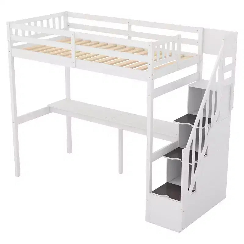 Okak Twin Multifunction Bunk Bed with Built-in Desk Loft Bed with Storage Staircase Safety Guardrail Solid Wood for Kids Teens, Easy Assemble
