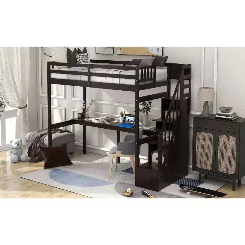 Okak Twin Multifunction Bunk Bed with Built-in Desk Loft Bed with Storage Staircase Safety Guardrail Solid Wood for Kids Teens, Easy Assemble